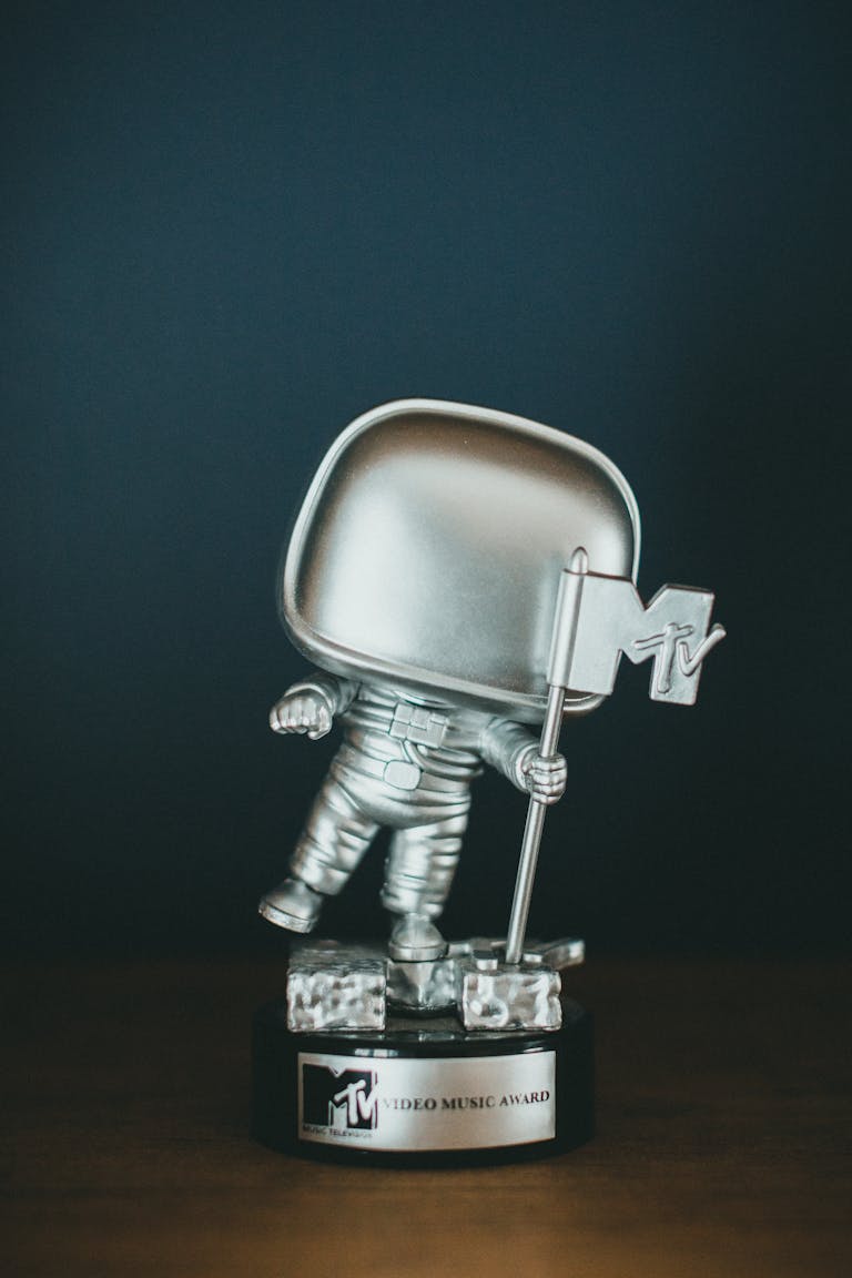 Iconic silver MTV astronaut trophy, symbolizing achievement in music.