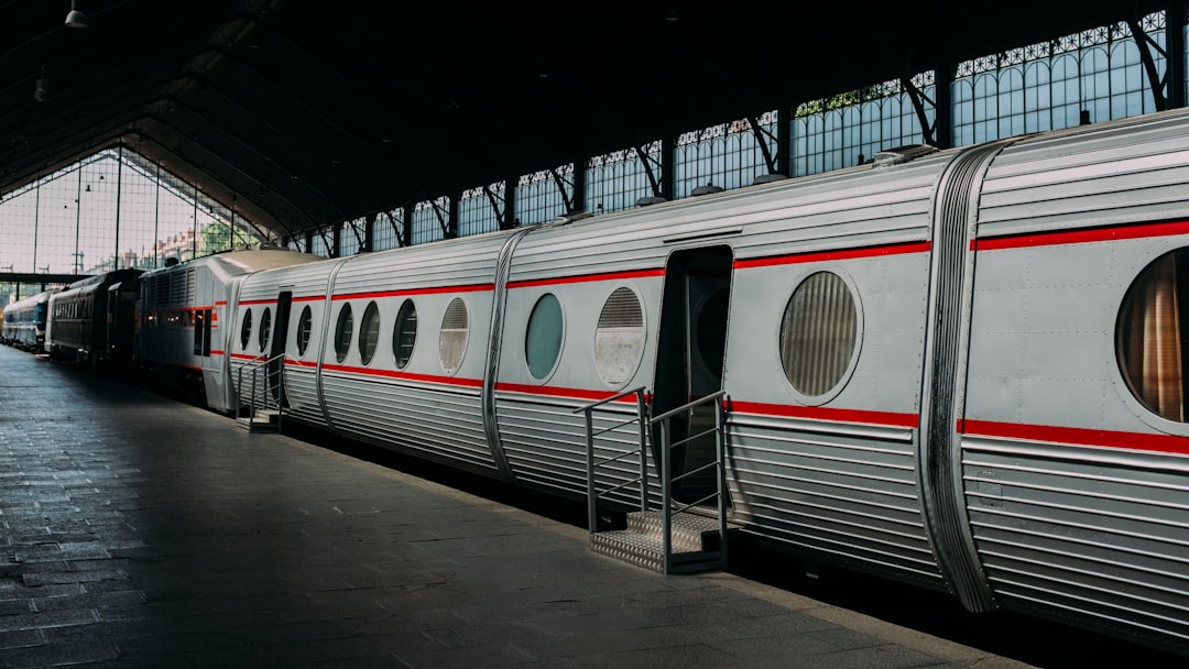 A shiny train is at a station.