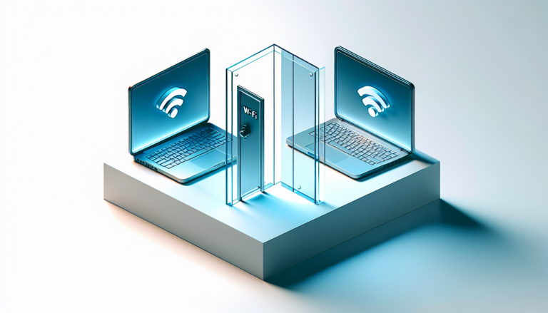 Minimalist illustration: two Wi‑Fi client devices separated by a glass partition with a hidden door seam, showing a covert connection path.
