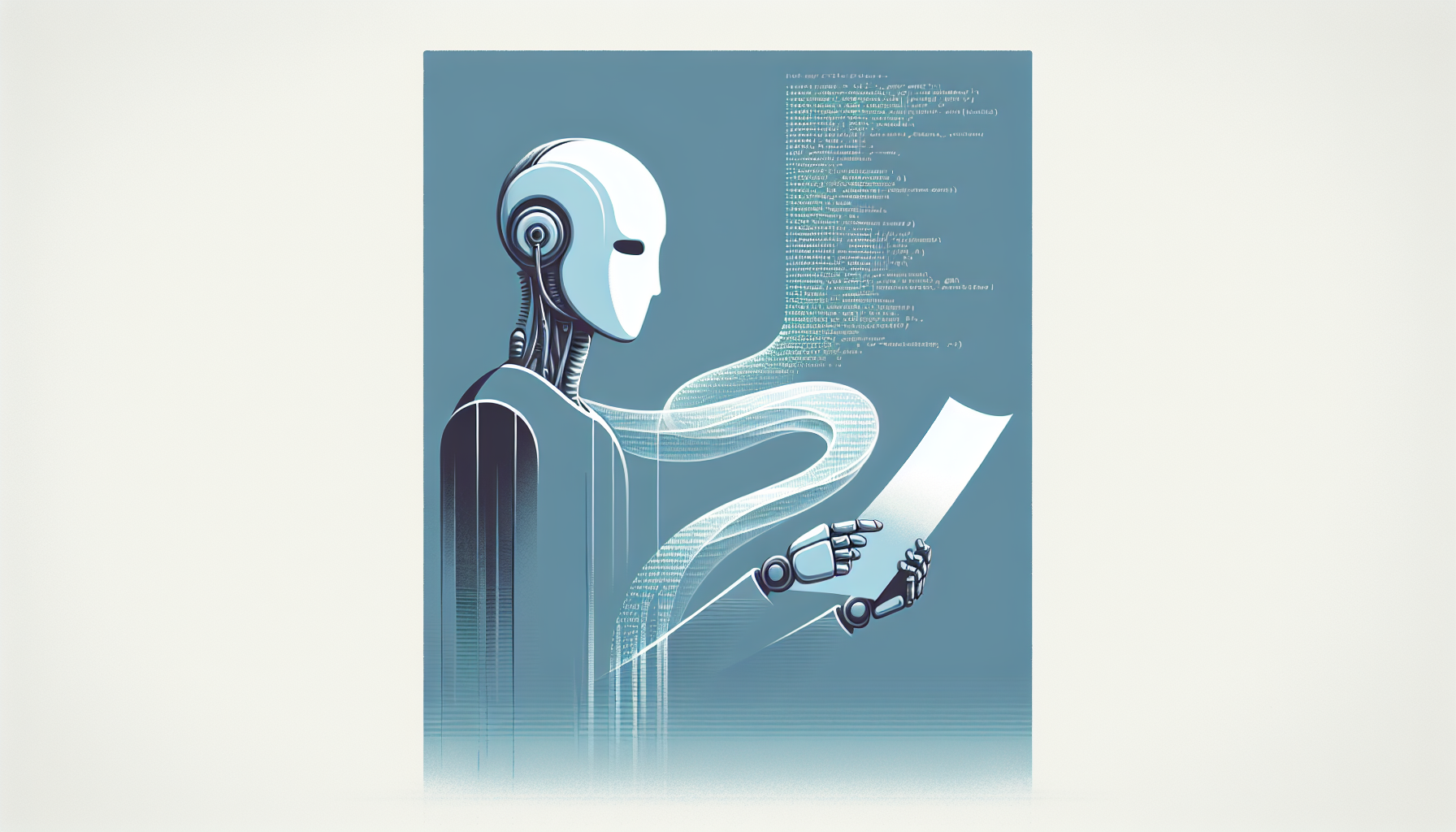 Minimalist illustration of a friendly robot reading text while a faint stream of ghostlike glyphs flows from the paper into a command-line terminal, representing invisible Unicode commands reaching a tool.