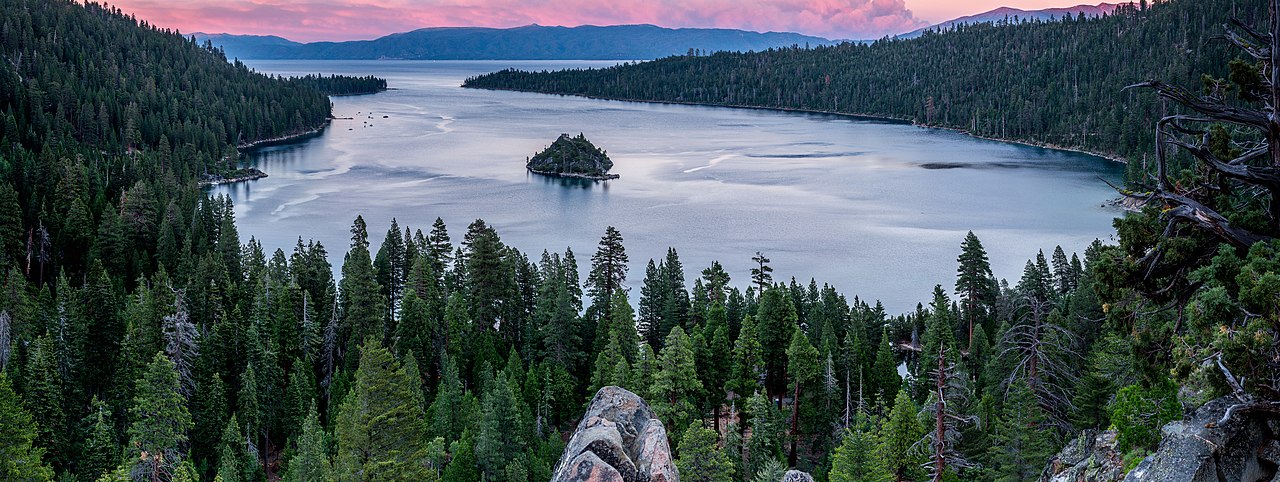 View of Emerald Bay, Lake Tahoe, California, during golden hour.