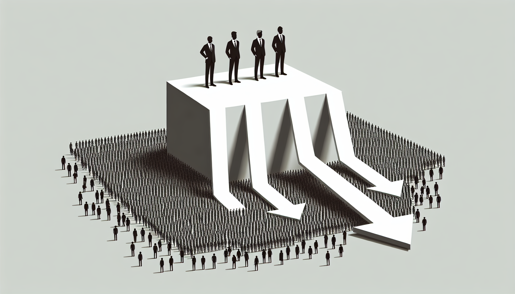 Minimalist illustration of a small group elevated on a platform above a crowd; beside them two downward arrows show wages falling faster than prices.