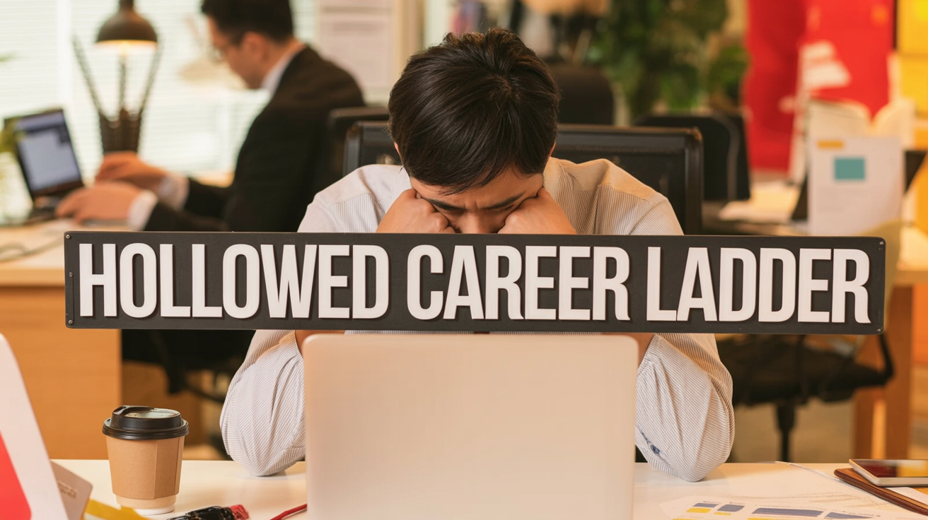 Stressed young office worker at desk with large bold headline 'HOLLOWED CAREER LADDER' overlayed