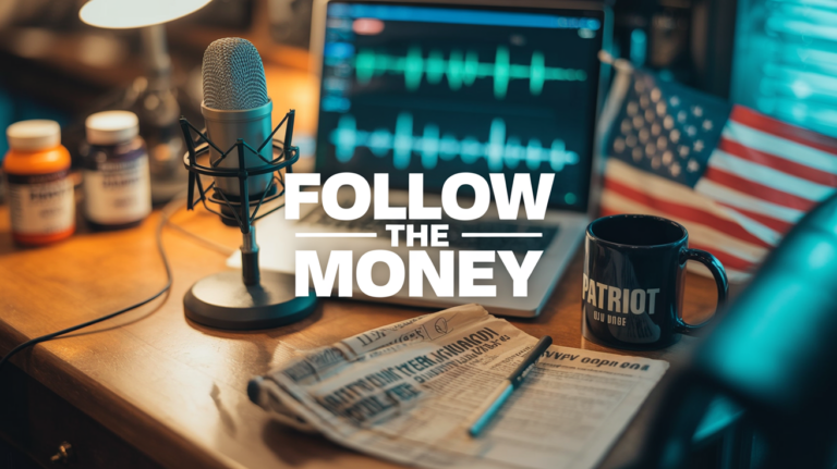 Editorial podcast studio desk with microphone, laptop, American flag and supplement bottles, overlaid by large bold text "FOLLOW THE MONEY".