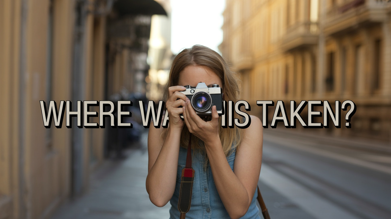 Poster-style image of a person taking a street photo with huge centered text reading "WHERE WAS THIS TAKEN?" in bold uppercase, high-contrast typography.