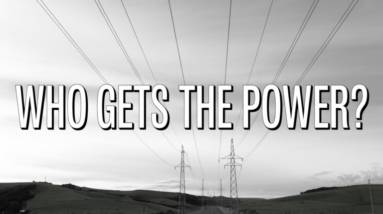 Southland power lines at dusk with the large bold headline 'WHO GETS THE POWER?' centered over the landscape.