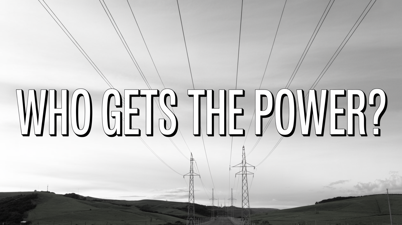 Southland power lines at dusk with the large bold headline 'WHO GETS THE POWER?' centered over the landscape.