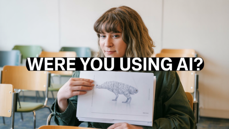 Bold poster-style image: large white text 'WERE YOU USING AI?' over a dim conference hall and a hand holding a PDF with a faint hidden canary; high-contrast, cinematic poster look.
