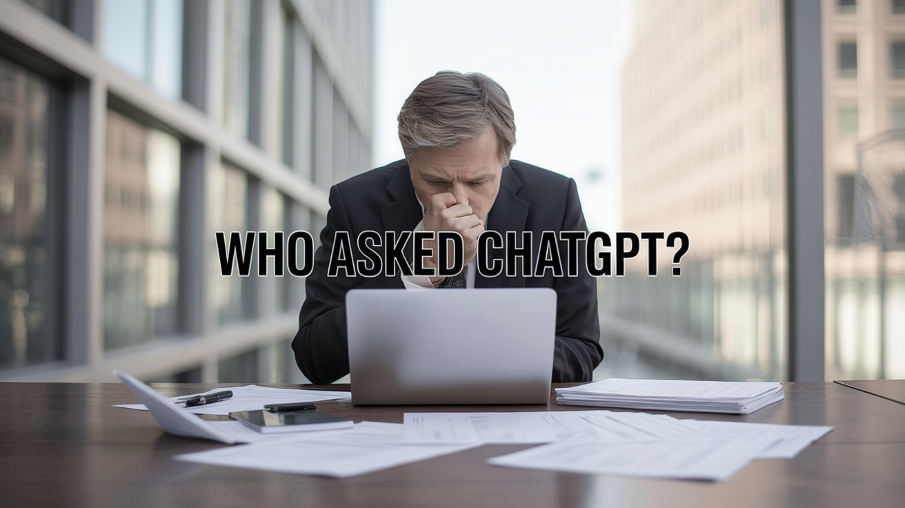 Stressed executive working late at a laptop, overlaid with large bold text 'WHO ASKED CHATGPT?'