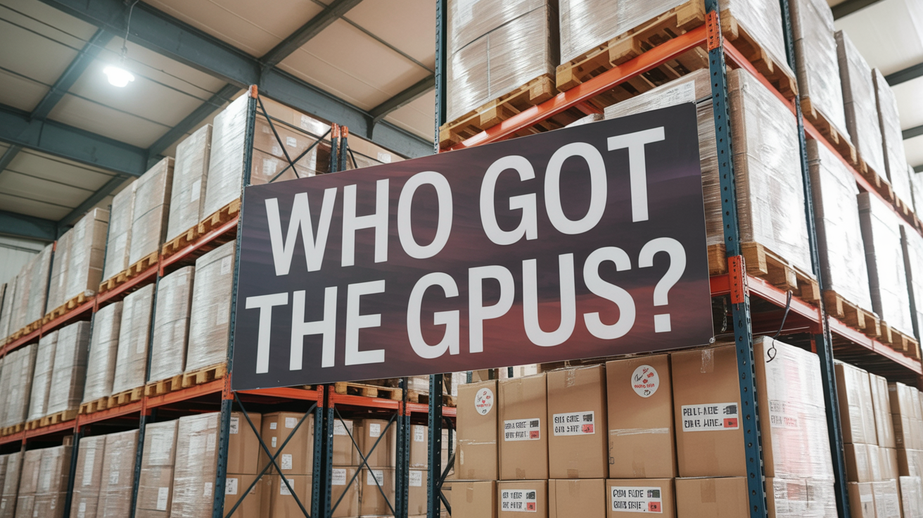 Editorial poster: large bold white text 'WHO GOT THE GPUS?' centered over a blurred freight warehouse with stacked pallets and boxes.