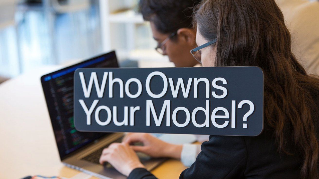 Two software engineers pair programming at a laptop, bold centered text overlay reading 'WHO OWNS YOUR MODEL?'