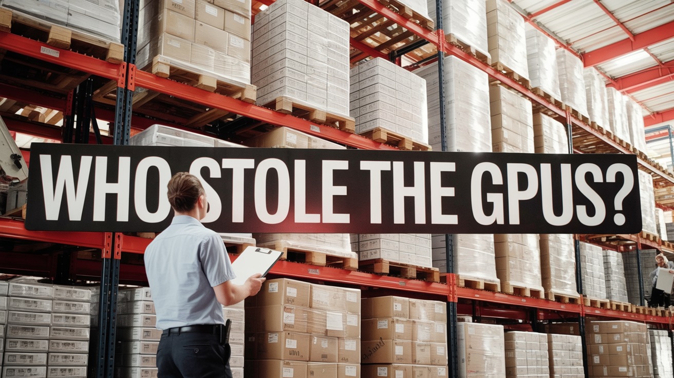 Warehouse with stacked server pallets and inspectors, bold headline text 'WHO STOLE THE GPUS?' centered over the image.