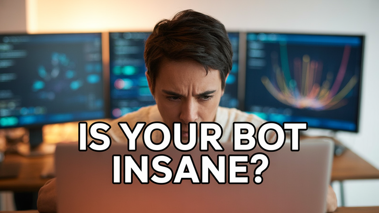 Featured image: programmer at a multi-monitor desk watching AI dashboards. Large bold uppercase text across the image reads "IS YOUR BOT INSANE?"