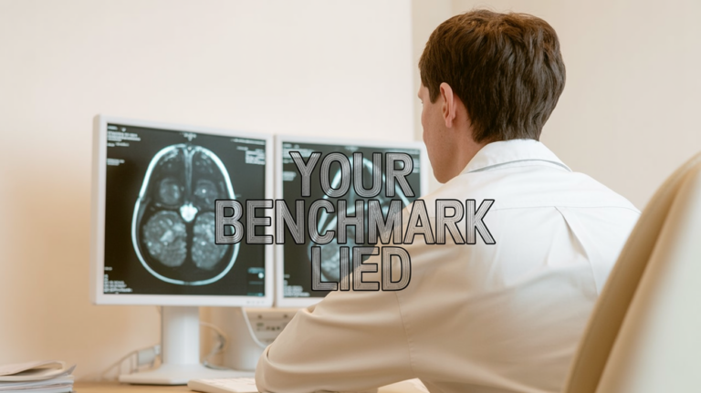 Poster-style image of a radiologist at night reviewing breast MRI slices on monitors, with large bold text reading 'YOUR BENCHMARK LIED' centered across the image.