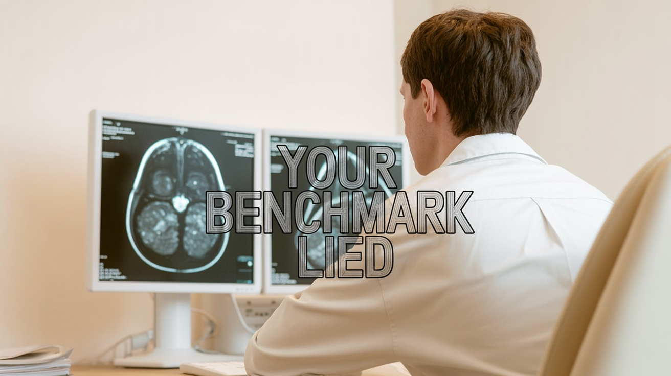 Poster-style image of a radiologist at night reviewing breast MRI slices on monitors, with large bold text reading 'YOUR BENCHMARK LIED' centered across the image.