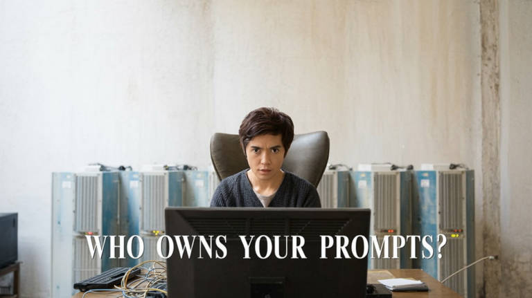 Cybersecurity engineer in a dim ops room looking at scrolling logs on multiple monitors; bold white caption at the bottom reading 'WHO OWNS YOUR PROMPTS?'
