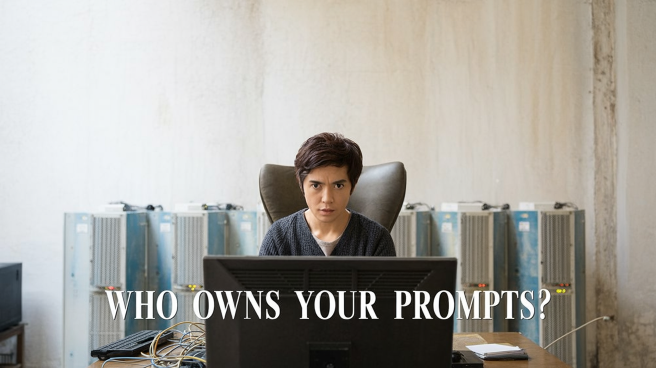 Cybersecurity engineer in a dim ops room looking at scrolling logs on multiple monitors; bold white caption at the bottom reading 'WHO OWNS YOUR PROMPTS?'
