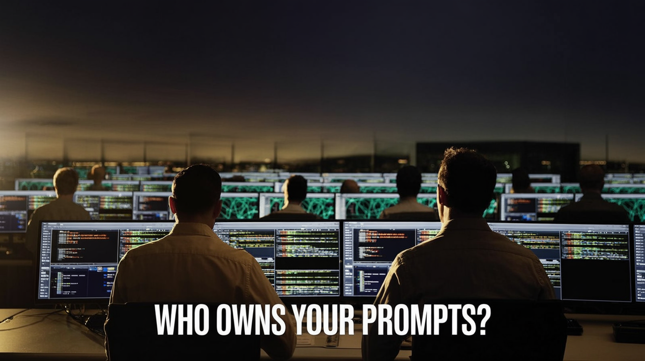 Security operations center with rows of monitors and staff; bold white text at bottom reading 'WHO OWNS YOUR PROMPTS?'