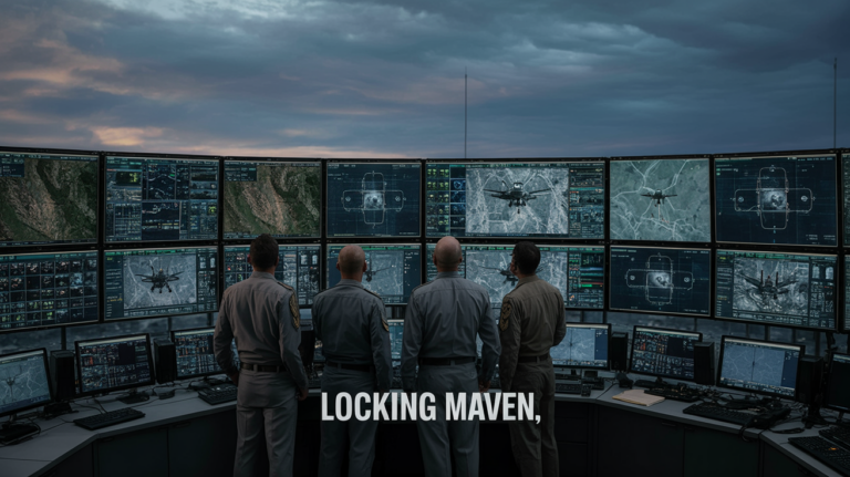 Military command center with multiple screens and tactical overlays; bold caption 'LOCKING MAVEN' at the bottom.