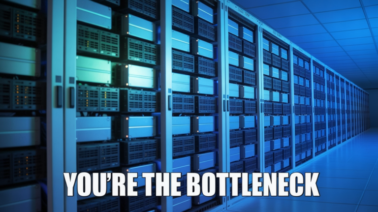 Dramatic photo-like illustration of GPU server racks in a datacenter, with bold white caption 'YOU'RE THE BOTTLENECK' at the bottom.