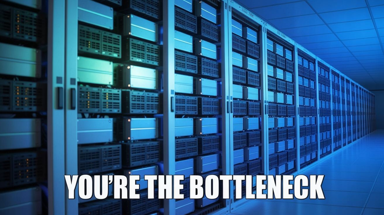 Dramatic photo-like illustration of GPU server racks in a datacenter, with bold white caption 'YOU'RE THE BOTTLENECK' at the bottom.