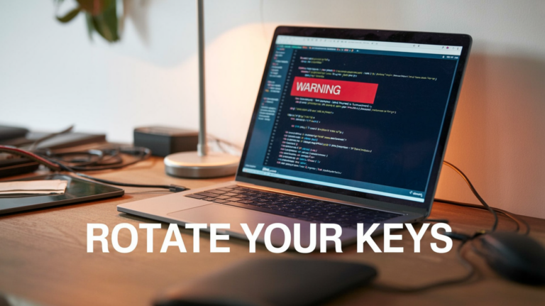 Developer laptop terminal with red WARNING alert; urgent caption 'ROTATE YOUR KEYS' at bottom.