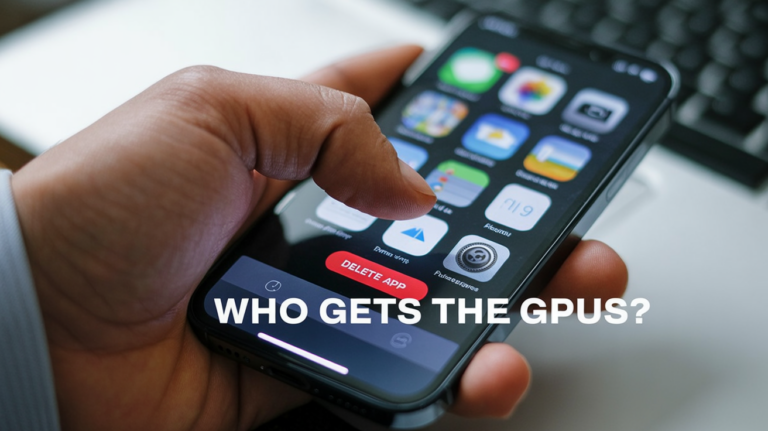Person deleting an app on an iPhone; title text at bottom reads 'WHO GETS THE GPUS?'