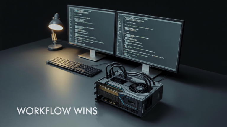 Programmer desk with open PC showing a gaming GPU and code on monitors; bold caption 'WORKFLOW WINS' at the bottom.