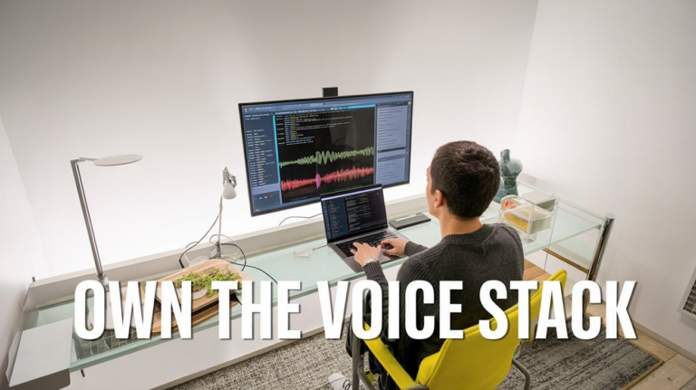 Developer at workstation testing a speech model with waveform on screen and bold caption 'OWN THE VOICE STACK' at the bottom.