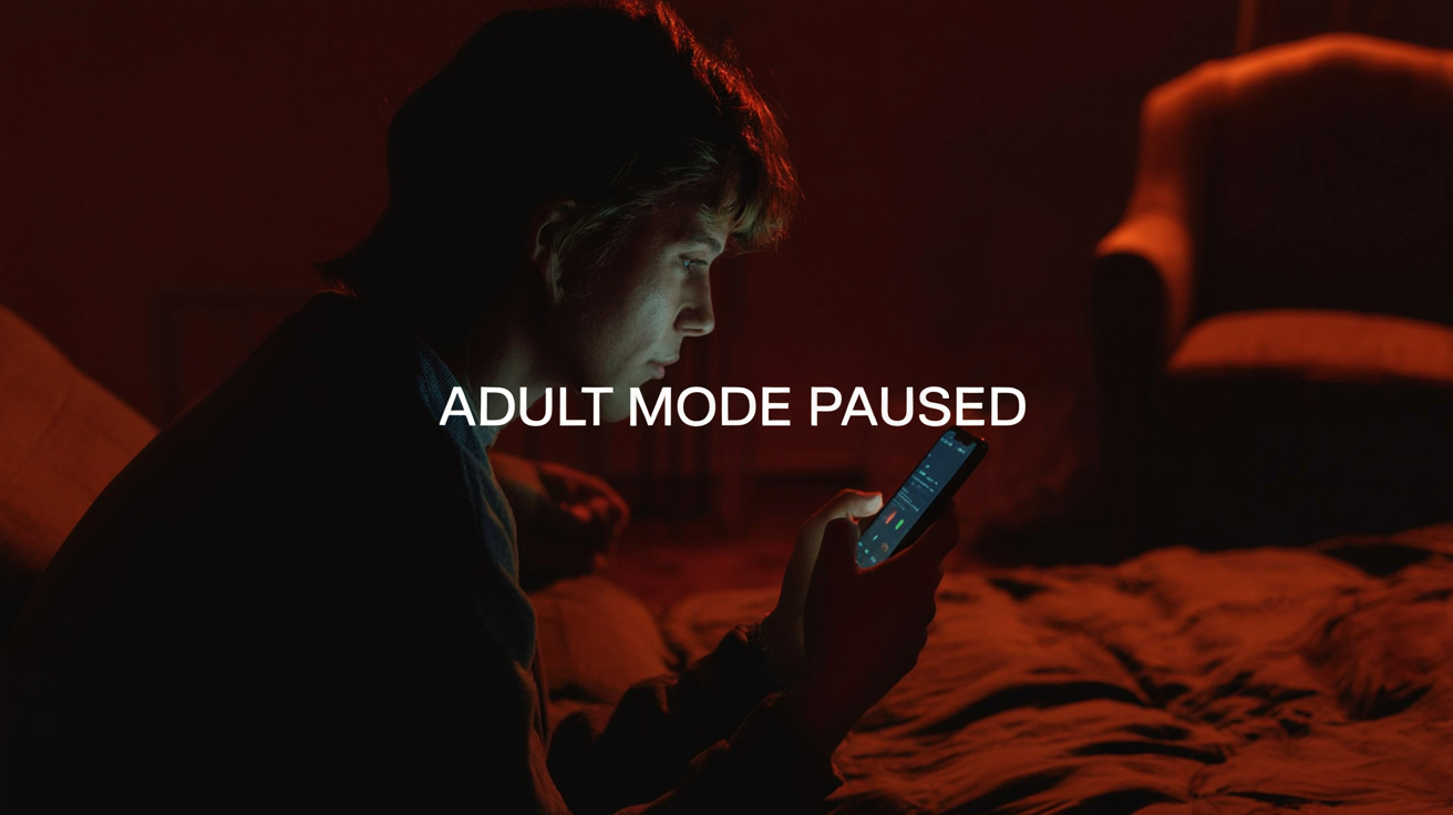 Person alone at night, dimly lit by a smartphone screen; editorial image with caption 'ADULT MODE PAUSED' at the bottom