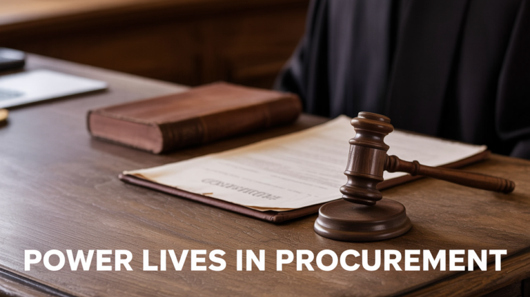 Judge gavel on a stamped government contract with bold caption reading POWER LIVES IN PROCUREMENT