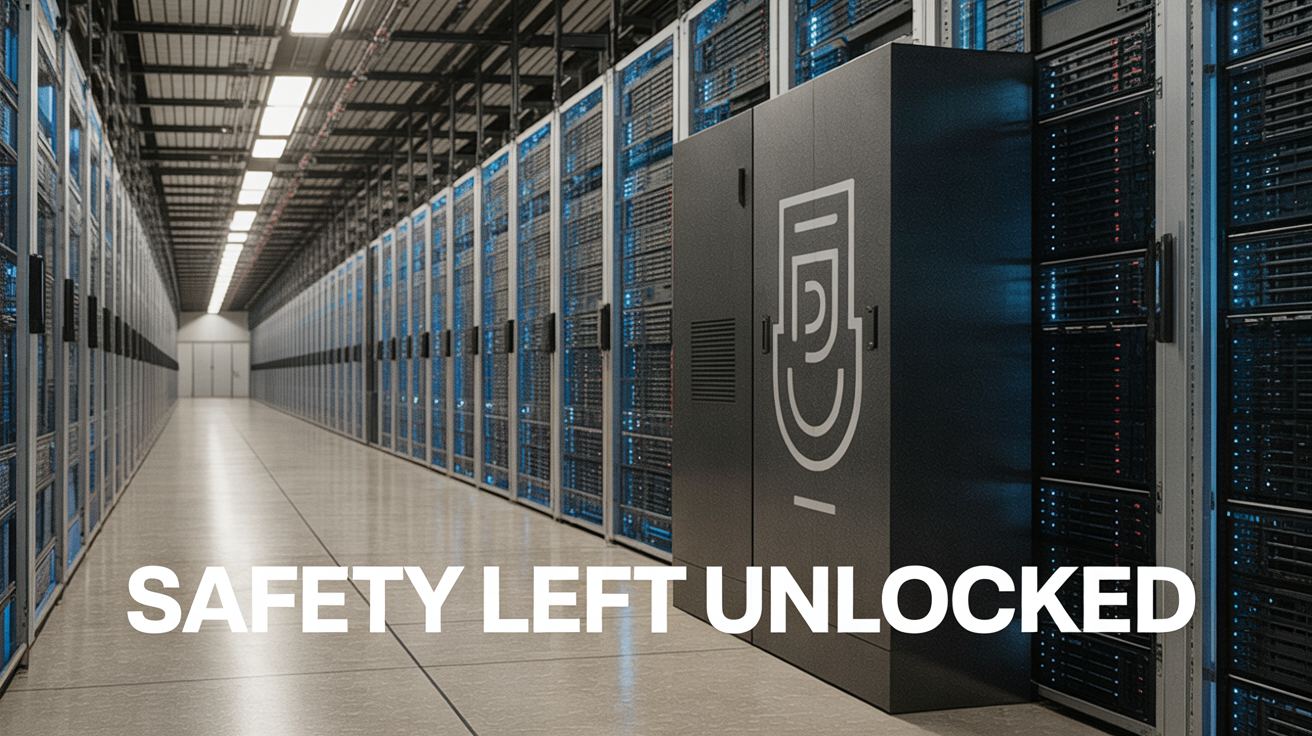 Dramatic data center hallway with bold caption 'SAFETY LEFT UNLOCKED' at the bottom