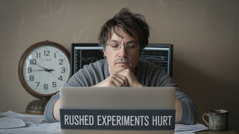 Tired researcher at a dim desk surrounded by monitors and papers, representing the pressure to run rushed rebuttal experiments.