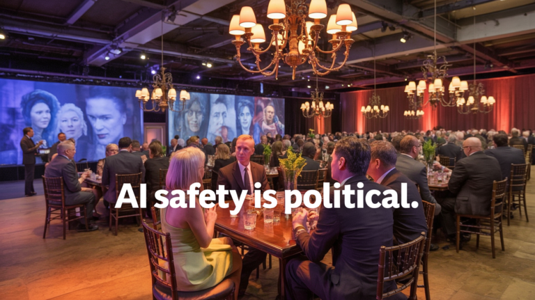 Opulent political fundraiser ballroom with well-dressed guests; bold white caption 'AI SAFETY IS POLITICAL' at the bottom.