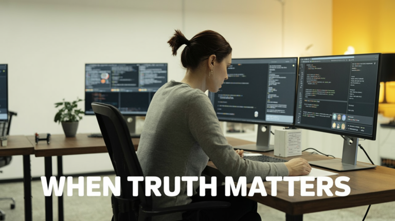 Developer at workstation testing AI assistants, multiple chat windows visible; bold caption at bottom reading WHEN TRUTH MATTERS