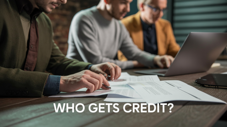 Diverse researchers gathered around a table, reading printed academic papers and laptops; headline text at the bottom reads 'WHO GETS CREDIT?'