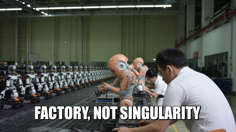 Editorial image of an automated assembly line with rows of humanoid robot frames in a Chinese factory; bold white caption at the bottom reads 'FACTORY, NOT SINGULARITY'.