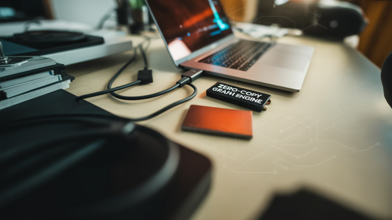 Developer laptop on a desk with an external NVMe SSD connected; overlay text reads “ZERO-COPY GRAPH ENGINE”.