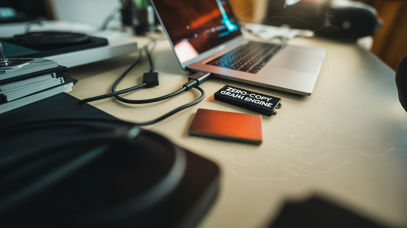 Developer laptop on a desk with an external NVMe SSD connected; overlay text reads “ZERO-COPY GRAPH ENGINE”.