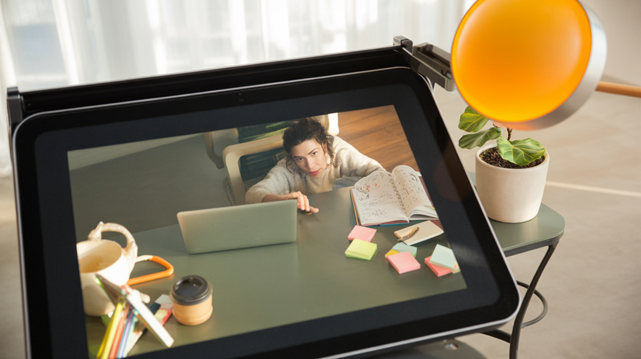 Person brainstorming at a laptop with sticky notes and a notebook on a wooden desk, warm editorial lighting.