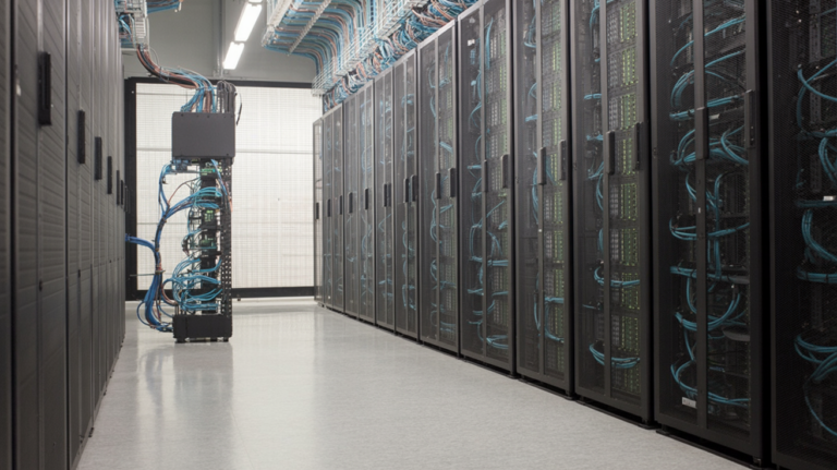 Wide-angle view of GPU server racks in a modern data center with blue LED lighting and reflective floor.