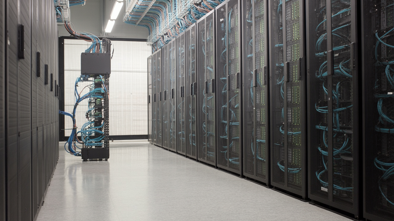 Wide-angle view of GPU server racks in a modern data center with blue LED lighting and reflective floor.