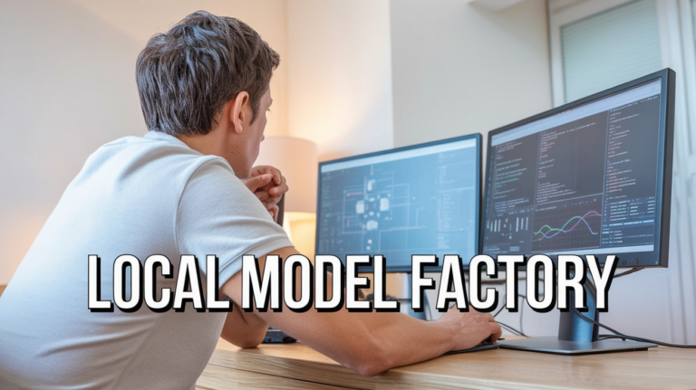 Person at multi-monitor PC in a desktop lab, coding and monitoring model training (featured image).