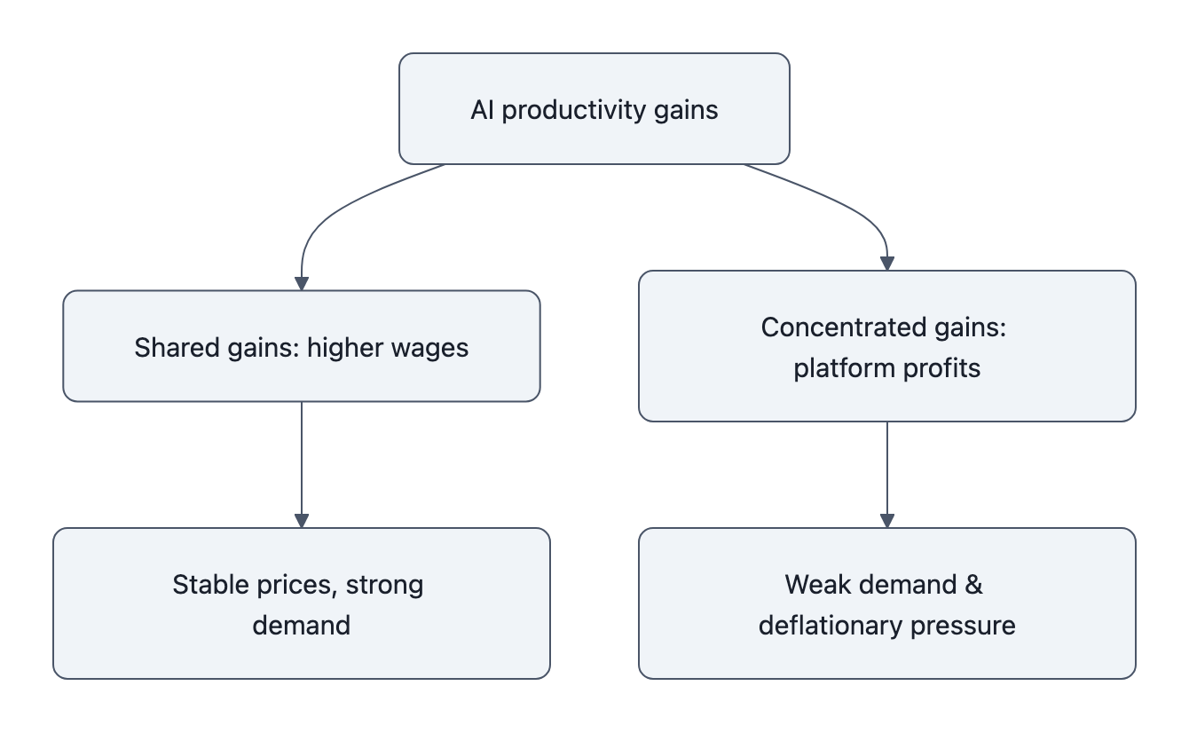 Flowchart: AI productivity gains split into shared gains (leading to higher wages and stable prices) versus concentrated gains (leading to platform profits, weak demand and deflation).