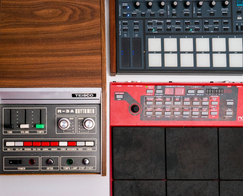 Close-up of a vintage LinnDrum drum machine showing pads and controls