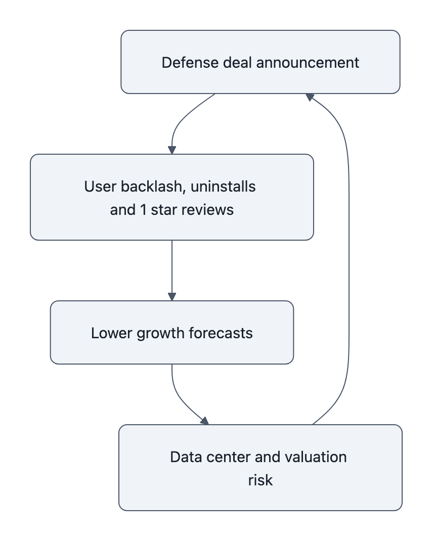 Flowchart: Defense deal announcement leads to user backlash (uninstalls and 1‑star reviews), which lowers growth forecasts and creates data‑center and valuation risk, forming a feedback loop.