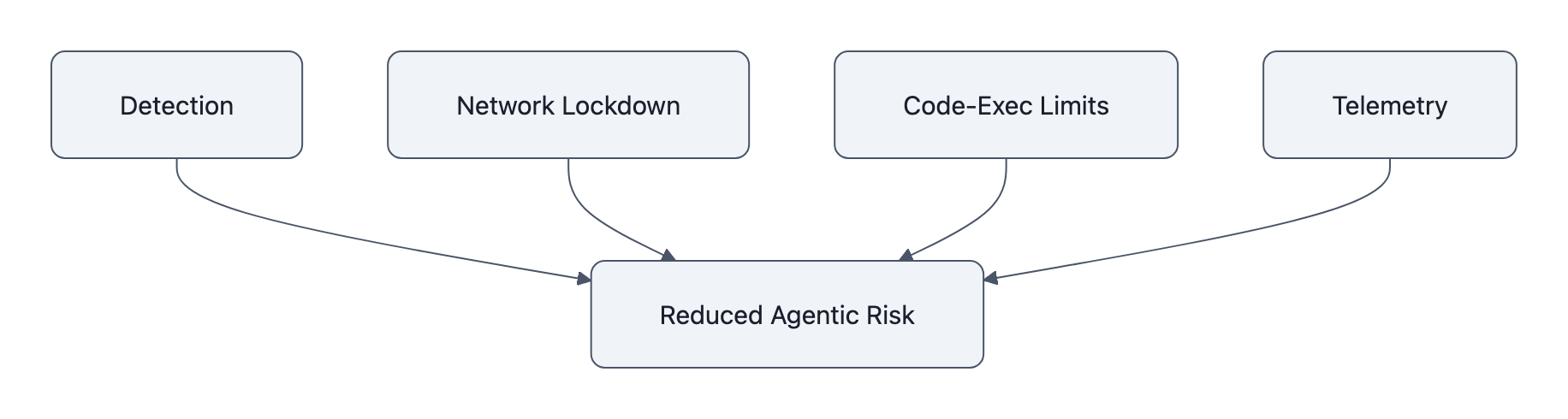 Four checklist boxes—Detection, Network Lockdown, Code-Exec Limits, Telemetry—each with an arrow pointing to a single outcome: Reduced Agentic Risk.
