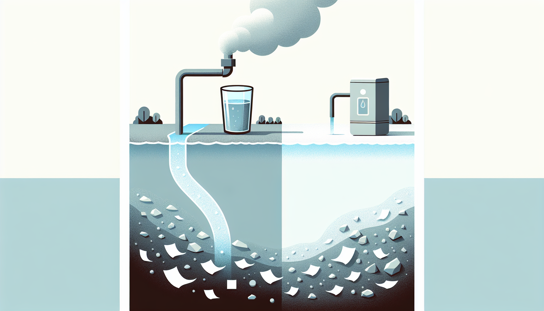 Minimalist illustration: polluted river of content feeding a small home filter that produces a single clean glass of water — local models filter but don't fix the upstream.
