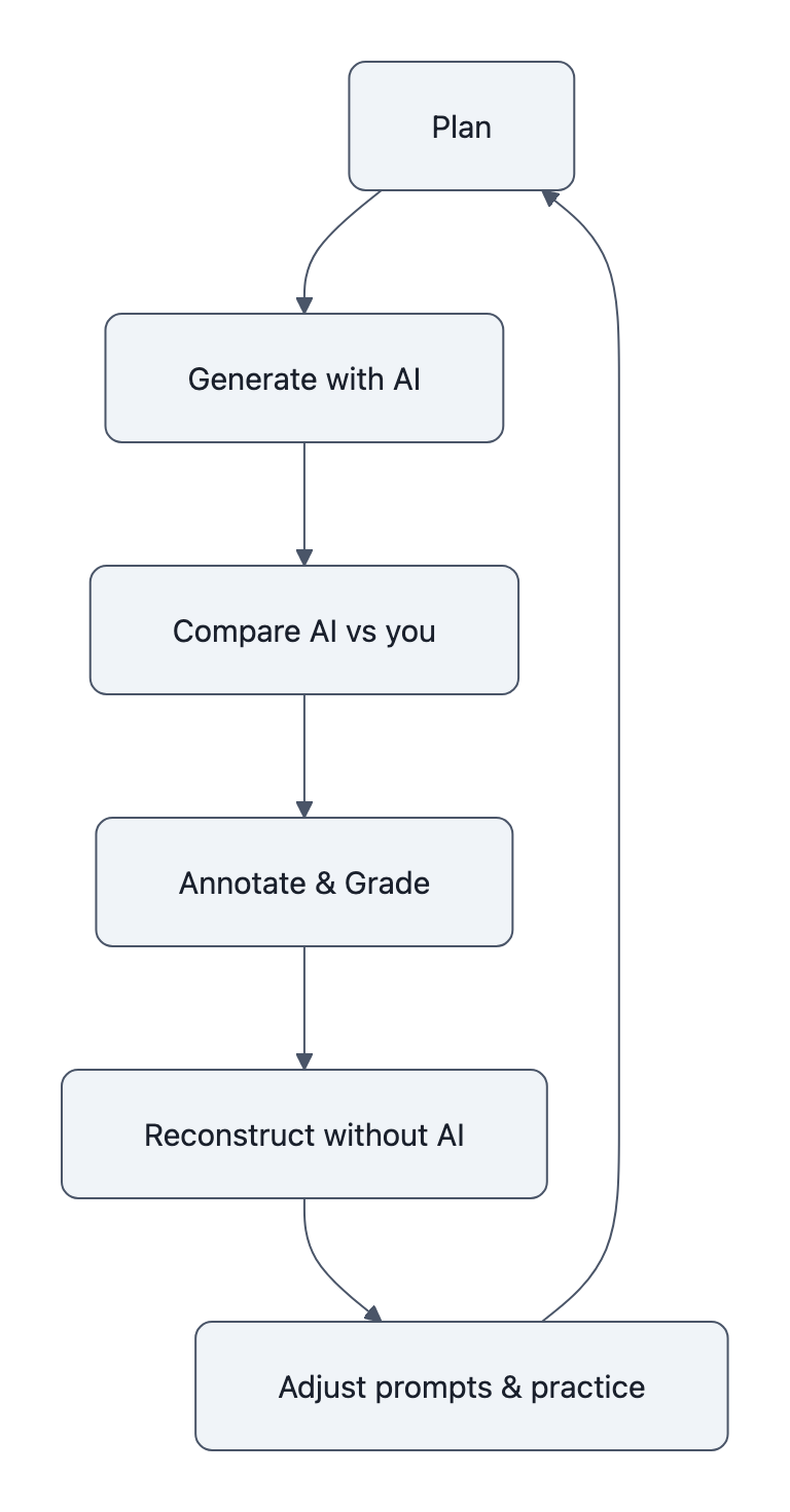 Flowchart showing a metacognitive loop: Plan → Generate with AI → Compare AI vs you → Annotate & Grade → Reconstruct without AI → Adjust prompts & practice → Plan.