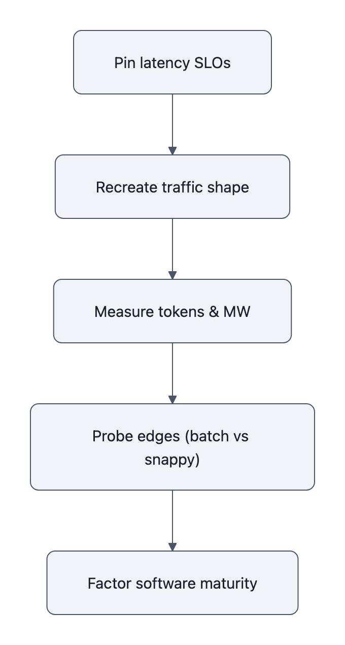 Flowchart checklist: Pin latency SLOs → Recreate traffic shape → Measure tokens and megawatts → Probe edges → Factor software maturity.